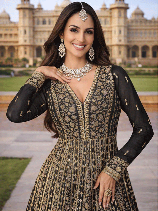 Black Chinon Embroidered Work Gown for Ceremonial