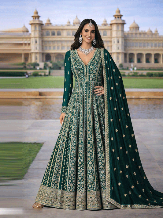 Green Chinon Designer Gown with Embroidered Work