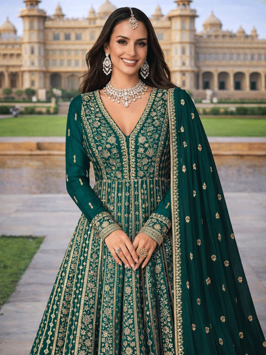 Green Chinon Designer Gown with Embroidered Work