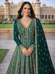 Green Chinon Designer Gown with Embroidered Work