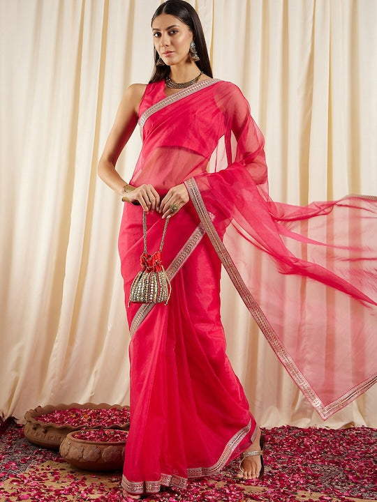 Magenta Embroidered Detail Organza Saree