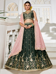 Olive colour Chiffon Sequinse embroidery Semi-Stitched Lehenga choli and Dupatta
