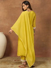 Women Ethnic Motifs Embroidered Regular Thread Work Chanderi Cotton Kurta with Trousers & With Dupatta