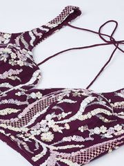 Burgundy Net Sequins and thread embroidery Semi Stitched Lehenga choli and Dupatta