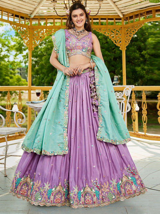 Lavender colour Satin Sequinse embroidery Semi-Stitched Lehenga choli and Dupatta