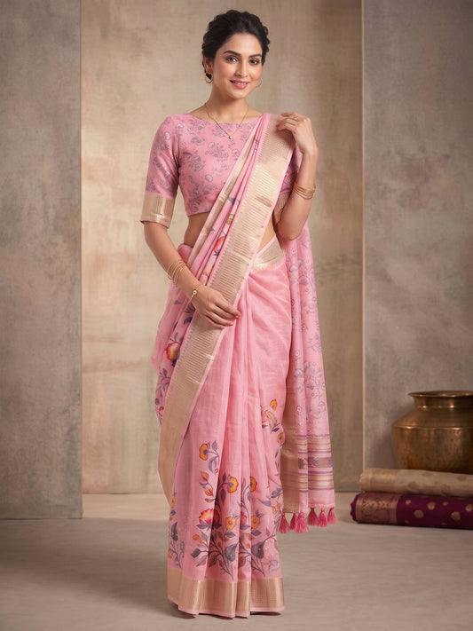 Women Floral Zari Silk Blend Saree