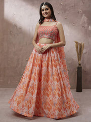 Peach Organza Floral Printed Semi-Stitched Lehenga choli & Dupatta