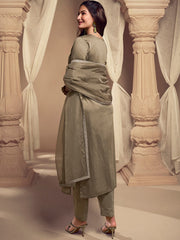 Amyra Dastur Beige Floral Yoke Design Thread Work Pure Silk Straight Kurta with Trousers & Dupatta