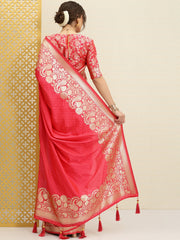 Coral Pink & Gold-Toned Paisley Zari Banarasi Saree
