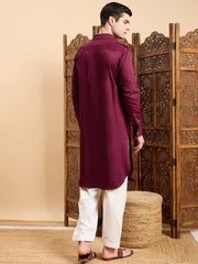 Maroon Roll-Up Sleeves Pathani Kurta With Pyjama