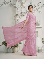 Amyra Dastur Pink Floral Embroidered Organza Saree