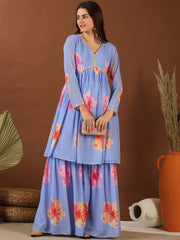 Blue Floral Printed Empire Gotta Patti Kurta with Sharara