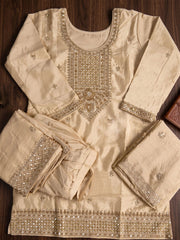 Beige Premium Chinnon Hand Beads Work Palazzo Suit