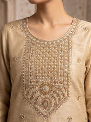 Beige Premium Chinnon Hand Beads Work Palazzo Suit