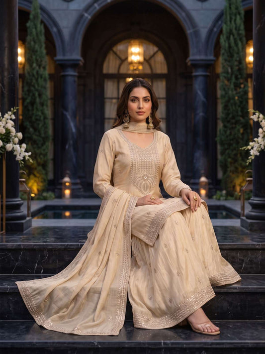 Beige Premium Chinnon Hand Beads Work Palazzo Suit