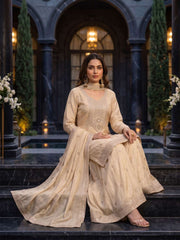 Beige Premium Chinnon Hand Beads Work Palazzo Suit