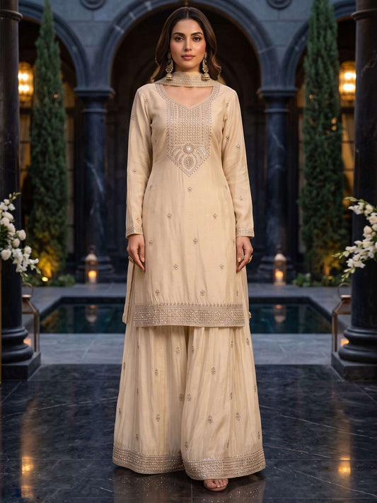 Beige Premium Chinnon Hand Beads Work Palazzo Suit