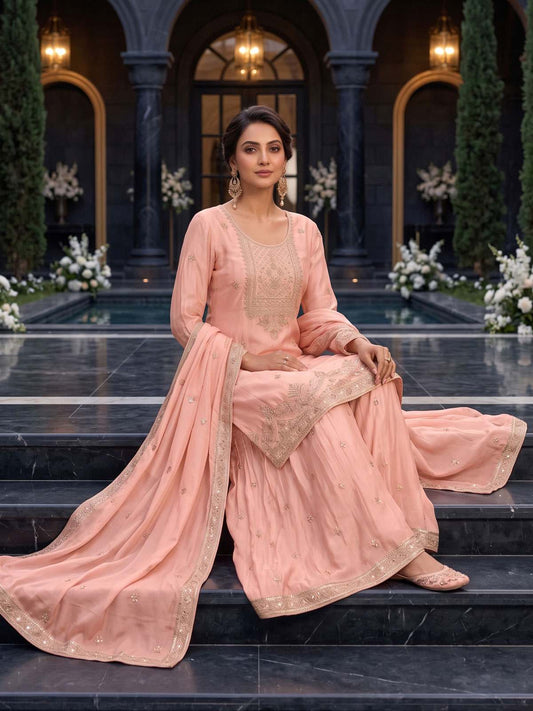Pink Premium Chinnon Hand Beads Work Palazzo Suit