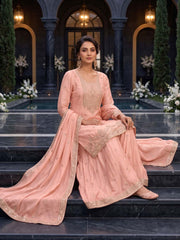 Pink Premium Chinnon Hand Beads Work Palazzo Suit