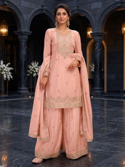 Pink Premium Chinnon Hand Beads Work Palazzo Suit