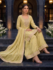 Green Premium Chinnon Hand Beads Work Palazzo Suit