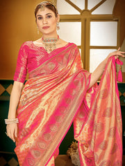 Women Pink Soft Silk Zari Woven Traditional Saree with Swaroski Diamonds