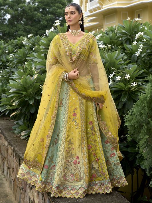 Yellow And Teal Traditional Embroidery Bridal Lehenga Choli