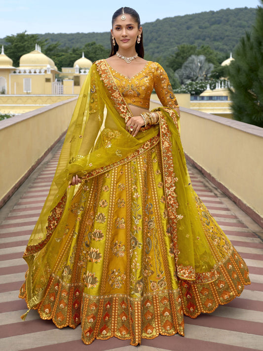 Golden Yellow Traditional Embroidery Bridal Lehenga Choli