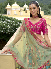 Pink And Sea Green Traditional Embroidery Bridal Lehenga Choli