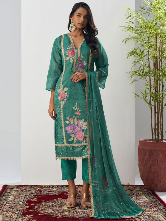 Green Fancy Crush Floral Straight Salwar Suit