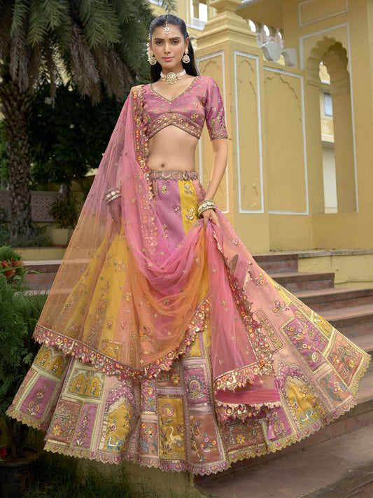 Pink And Peach Traditional Embroidery Bridal Lehenga Choli
