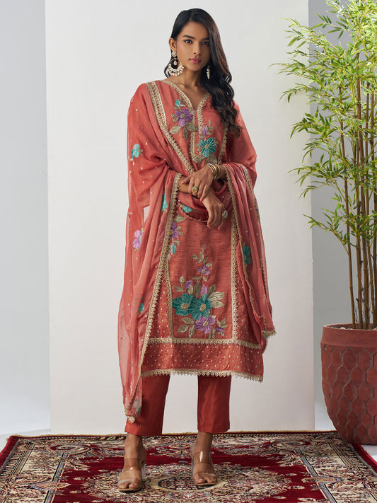 Orange Fancy Crush Floral Straight Salwar Suit