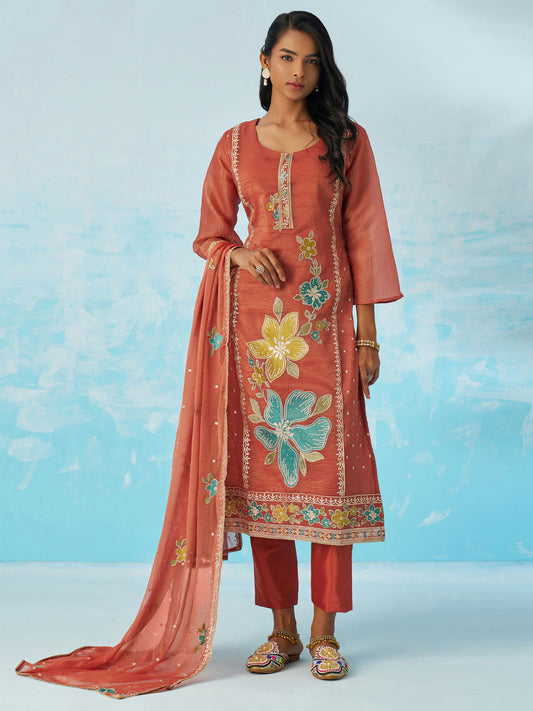 Coral Pant Suit With Dupatta