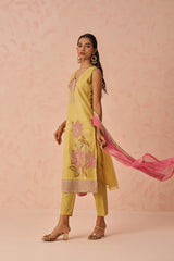 Yellow Thread Embroidery Silk Haldi Wear Pant Suit
