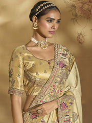 Beige Golden Handwork Embroidery Saree
