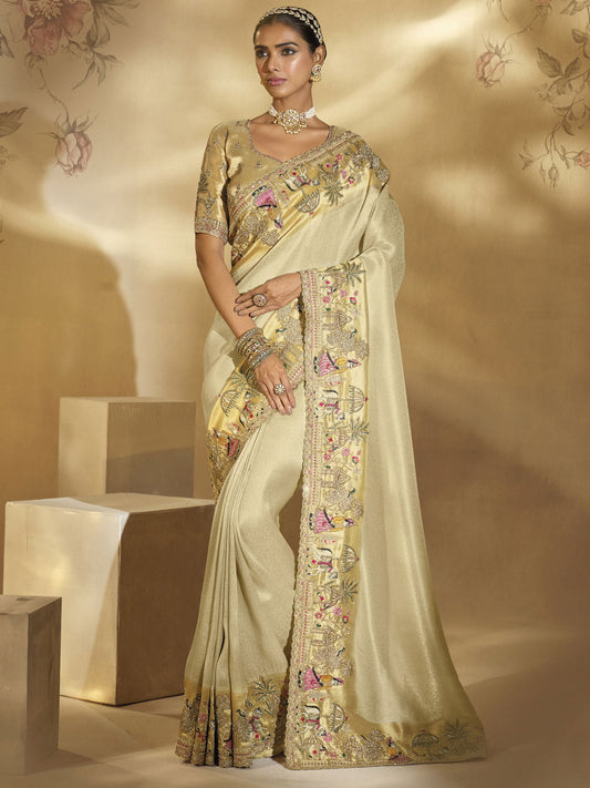 Beige Golden Handwork Embroidery Saree