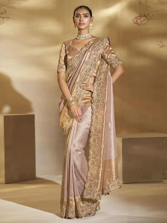 Pink Golden Handwork Embroidery Saree