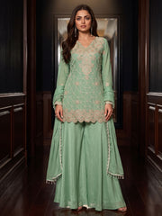 Green Color Chinnon Silk Palazzo Style Dress