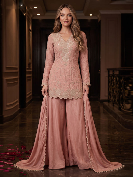 Peach Color Chinnon Silk Palazzo Style Dress