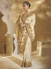 Ivory And Gold Handwork Embroidery Saree