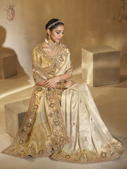 Ivory And Gold Handwork Embroidery Saree