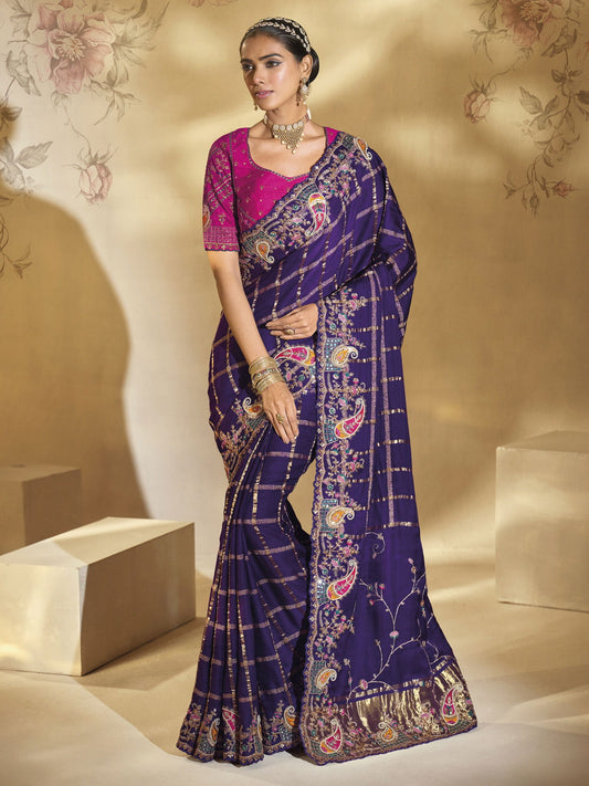Violet And Magenta Handwork Embroidery Saree