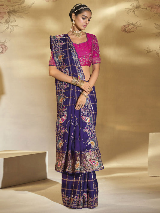Violet And Magenta Handwork Embroidery Saree