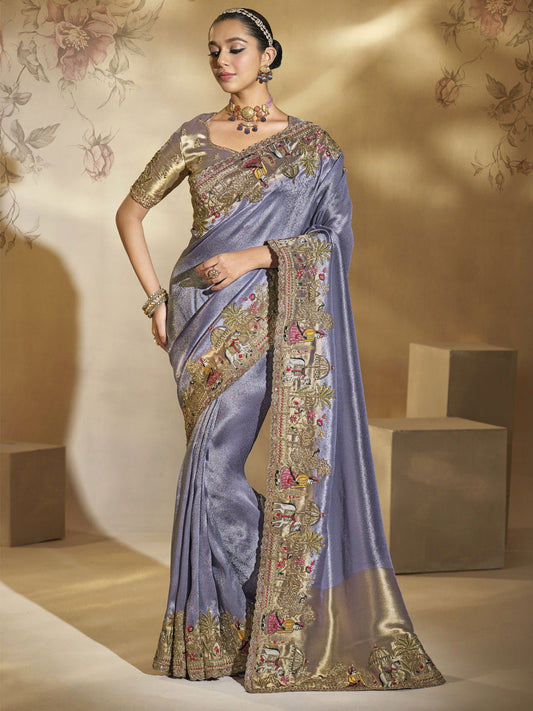 Lavender And Copper Handwork Embroidery Saree