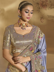 Lavender And Copper Handwork Embroidery Saree