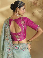 Sea Green And Magenta Handwork Embroidery Saree
