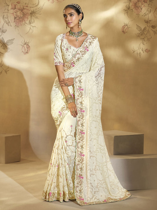 Off White Handwork Embroidery Saree