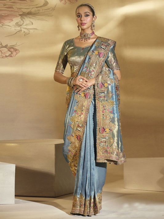 Mist Blue And Green Handwork Embroidery Saree