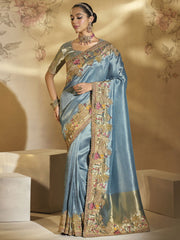 Mist Blue And Green Handwork Embroidery Saree