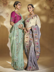 Cream Purple Ombr‚ Handwork Embroidery Saree